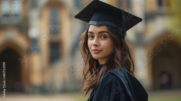 Fototapeta Young European brunette woman in black gown and graduation cap in front of a university. Graduate thinking about her future in historic architecture background