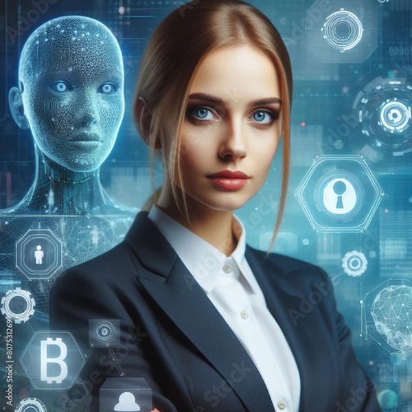 Fototapeta AI and modern businesswoman standing confidently with a digital or technological background.