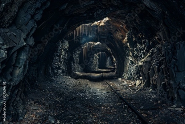 Obraz A network of abandoned mine tunnels, their dark passages stretching deep into the earth, now haunted by echoes of the past, Generative AI