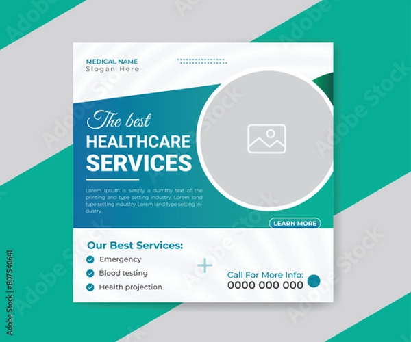 Fototapeta Medical and health care social media post template design. Editable square banner with high-quality background