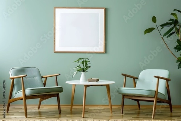 Fototapeta Ellipse table and two chairs near mint sofa against light green wall with art frame poster. Scandinavian, mid-century home interior design of modern living room.