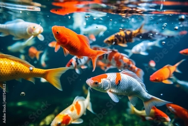 Fototapeta group of goldfish swim in a blue aquarium