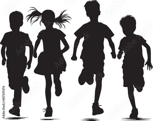 Obraz silhouettes of running children vector illustration, group of active kids playing clipart graphic, front view