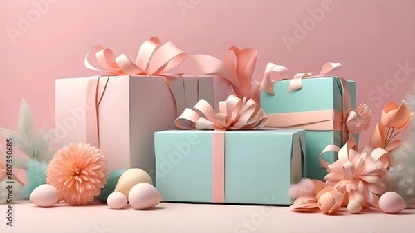 Obraz Minimal Celebrate Gift box banner mockup for product presentation using a summery pastel theme