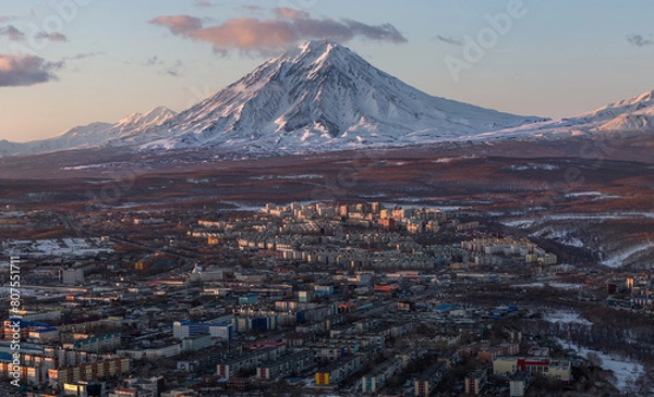 Fototapeta Kamchatka region, view from Mishennaya Hill to the city and Koryaksky volcano