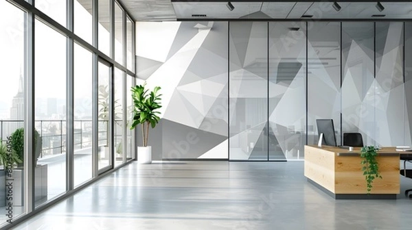 Fototapeta A modern office space adorned with geometric decal patterns.