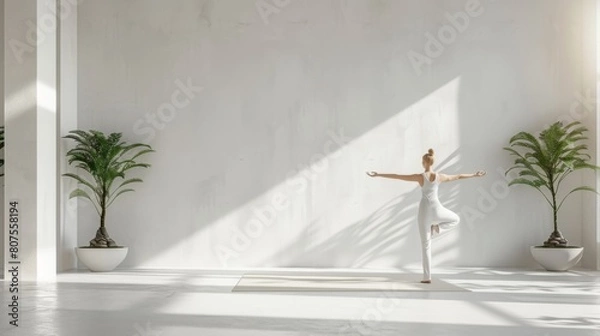Fototapeta A minimalist white living room where a Caucasian woman performs a Warrior pose, the smooth white walls and bright tone setting a calm mood