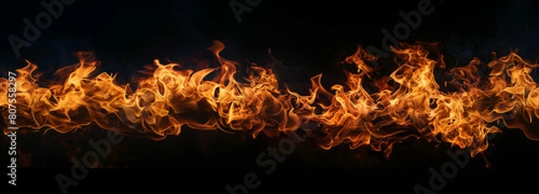 Fototapeta Panoramic View of Fiery Flames Dancing Against a Black Background, Evoking a Powerful Display of Intense Heat and Light. Image made using Generative AI.