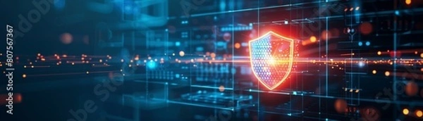 Fototapeta A data server with a firewall symbol, protecting information from cyber threats