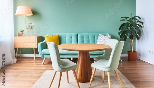 Fototapeta Mint color chairs at round wooden dining table in room with sofa and cabinet near green wall