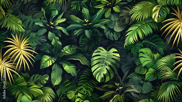Fototapeta Vibrant forest scene of tropical trees, dense lush foliage pattern. Forest scene for eco-friendly background and sustainable net-zero emissions. Sustainable tropical forest and carbon neutrality.