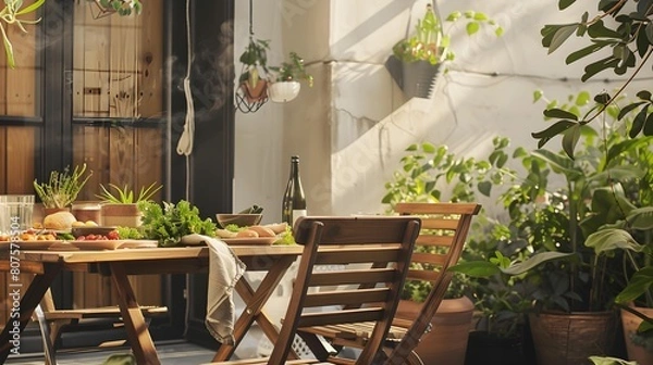Fototapeta Plants and wooden chairs at table with food on terrace of house in the summer