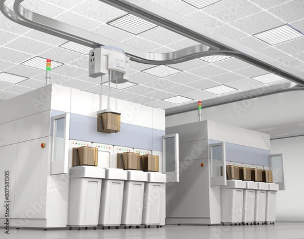 Fototapeta Semiconduct Wafer Cleaning, Etching and OHT system in Fab cleanroom. Generic design. 3D rendering image.