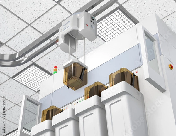 Fototapeta Persperctive view of OHT system unload a Foup from load port of Semiconduct Wafer Cleaning, Etching system.  3D rendering image.