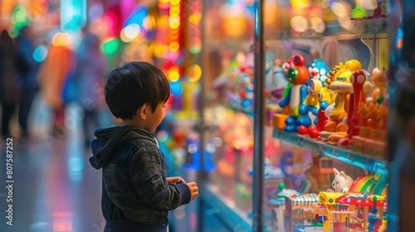 Fototapeta child gazing in wonder at the colorful displays in a toy store, their imagination ignited by the endless possibilities. 