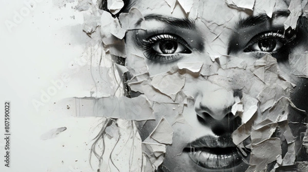Fototapeta Torn paper woman art and fragile and broken feel loneliness and sadness