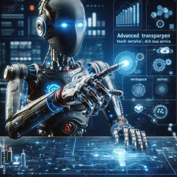 Fototapeta the robot is pointing at a transparent touch screen with Generative AI Techonology