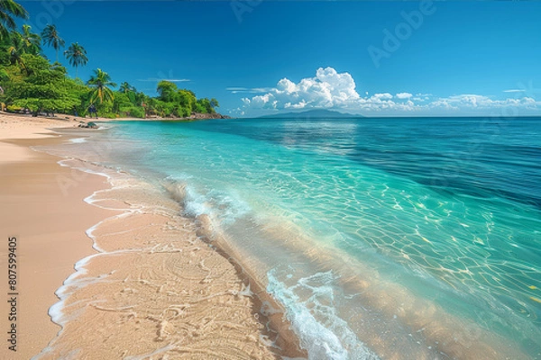 Fototapeta Peaceful beach panorama with crystal clear calm waters and fine sandy shores under a refreshing blue sky.. AI generated.