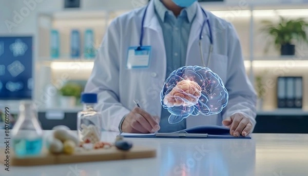 Fototapeta A cardiologist demonstrating a holographic human brain model during a virtual medical concept of medical education and technology in cardiology