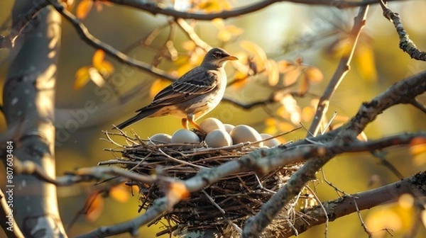Fototapeta A bird is perched on top of a nest filled with eggs, guarding and incubating them