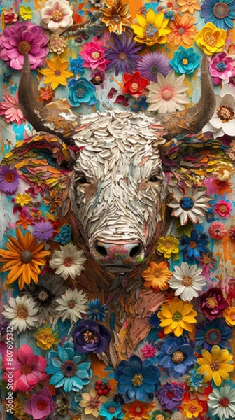 Fototapeta A cow with a flowery head is painted on a canvas