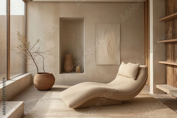 Fototapeta Scandinavian countryside home living room with minimalist earth tone design, evening light and wood textures creating a tranquil atmosphere.