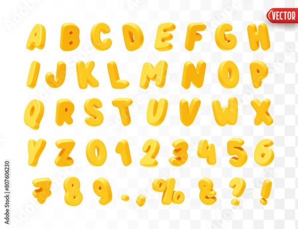 Fototapeta Yellow Font realistic 3d design. Complete alphabet and numbers from 0 to 9. Collection of large letters in cartoon style. Fonts are voluminous with different slants. Vector illustration