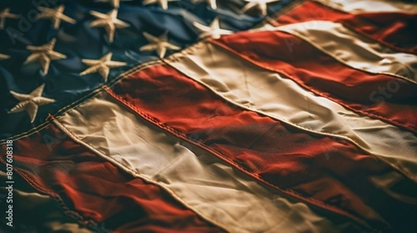Fototapeta Close view of the American flag blowing in the wind
