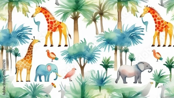 Fototapeta Seamless pattern with African animals on a white background. Children's seamless safari pattern with giraffe, elephant, parrots and green palm trees on a white background.