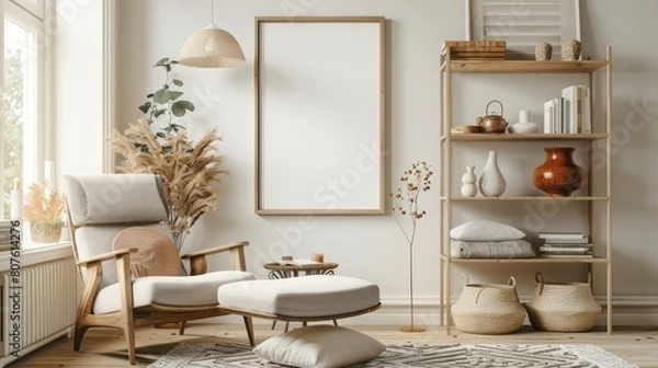 Fototapeta Blank Horizontal Poster Frame Mockup in Modern Scandinavian Living Room