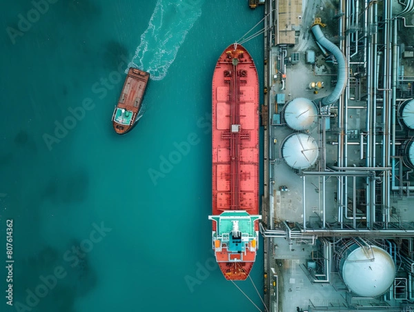 Fototapeta Red tanker ship loading and unloading oil and gas storage at industrial port, Business import export petrochemical oil and gas by tanker ship transportation. 3D rendering and illustration