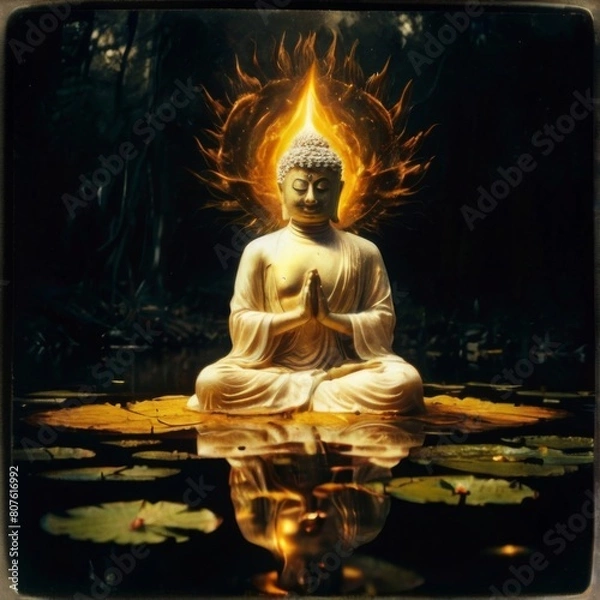 Obraz a buddha sits in a temple with a gold candle on top