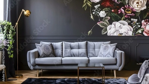 Fototapeta Dark living room with grey patterned cushion floral wallpaper gold lamp. Concept Living Room Decor, Interior Design, Home Styling, Wallpaper Patterns, Lighting Ideas