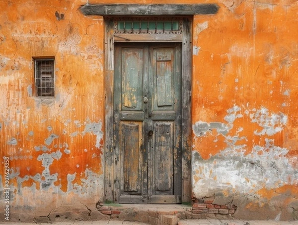 Fototapeta Weathered door and window with an orange wall in the background. AI.