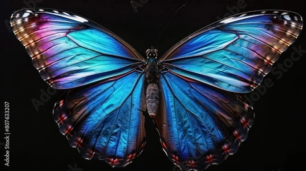 Fototapeta  mesmerizing portrait of a blue  butterfly, its iridescent wings displaying a kaleidoscope of colors, capturing the beauty of nature's artistry. 