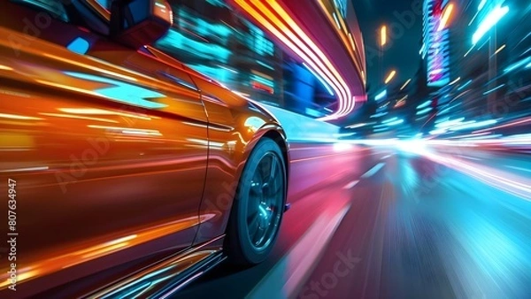 Fototapeta Quick car speeding through city at night with blurred lights streaking. Concept Night Photography, Urban Landscapes, High Speed Motion, City Lights, Blurred Motion