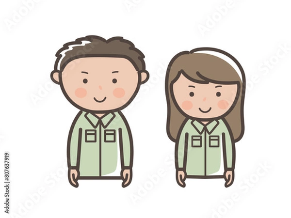 Fototapeta 笑顔で正面を向く作業着姿の男女作業員（配達員）のイラスト_帽子なし