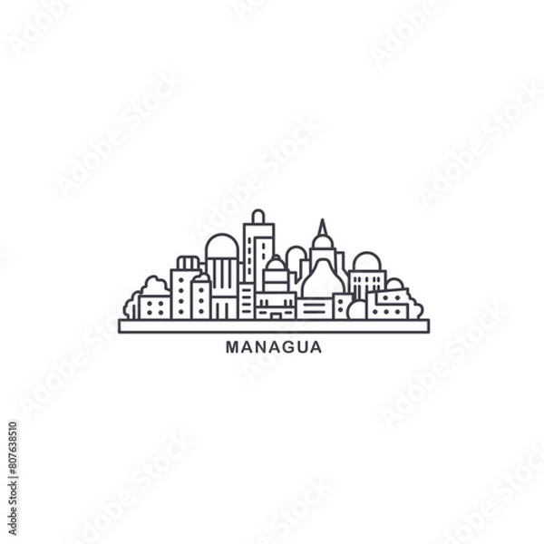 Fototapeta Managua cityscape skyline city panorama vector flat modern logo icon. Nicaragua capital emblem idea with landmarks and building silhouettes. Isolated thin line black graphic