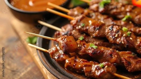 Fototapeta Appetizing Skewered Meat with Savory Sauce