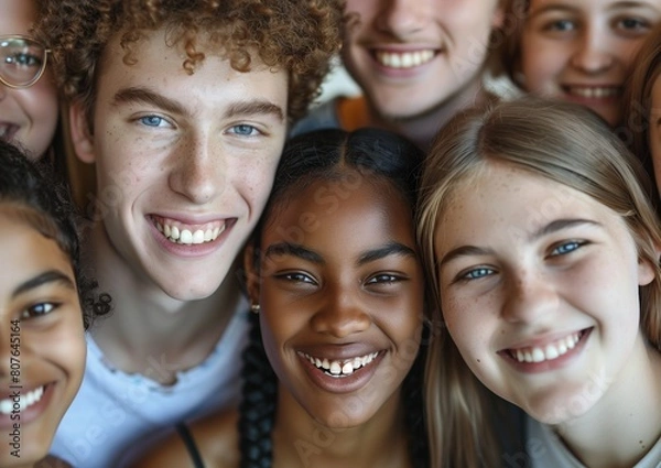 Fototapeta Smiling Diverse Group of Teenagers Embracing Togetherness and Friendship