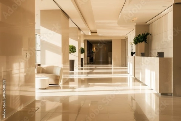 Fototapeta A minimalist empty hotel lobby with clean lines and neutral tones, embodying a sense of understated elegance and sophistication, Generative AI