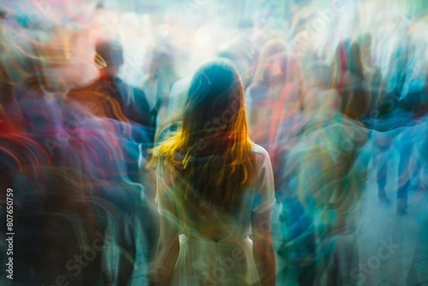 Fototapeta Blonde woman lost in the crowd, timelapse and blur effect. Conceptual image of lost in nowhere and being lonely in the crowd and smoke