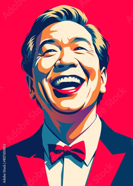 Fototapeta A man laughing The image is a stylized pop art portrait of a man, likely an actor or public figure, in the distinctive style often associated with the Pop Art movement.