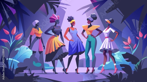 Fototapeta Group photo, Five full-length skinny female models posing. The whole figure is in the frame. Victoria's secret style. The image is a stylized, cartoon-like illustration of a fashion show with several