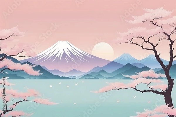 Fototapeta パステル日本の山と桜の背景