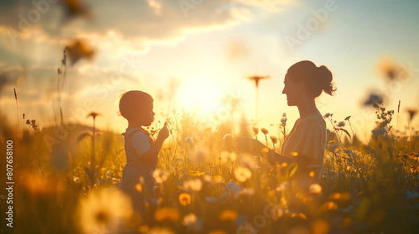 Fototapeta A mother and child enjoying a playful moment in a field of wildflowers, with the sun casting long shadows and vibrant colors painting the scene. Dynamic and dramatic composition, w