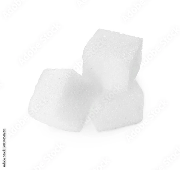 Fototapeta Three refined sugar cubes isolated on white