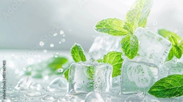 Fototapeta green peppermint leaves in ice cubes, light background, side view