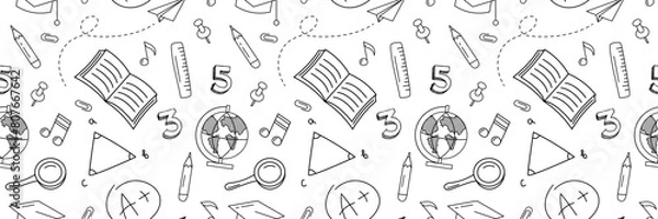 Fototapeta Back to school doodle seamless pattern. Hand drawn background with school supplies and creative elements. Back To School Background for advertising, banners, leaflets and flyers. Vector illustration.