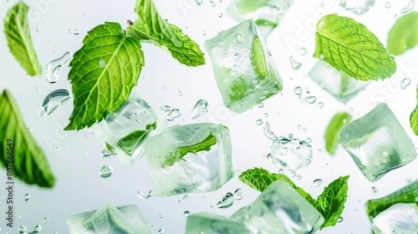 Fototapeta green peppermint leaves in ice cubes, light background